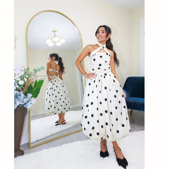 Retro Polka Dot Bubble Midi Dress Convertible Straps in Cream Black Size S - Picture 3 of 12